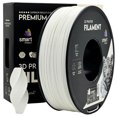 Bobina de filamento branco para impressora 3D da marca smart PRINT com embalagem preta e imagem de tigre