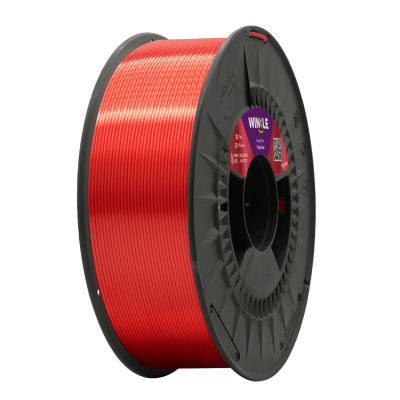 Rolo de filamento vermelho para impressora 3D em carretel cinzento com etiqueta visível