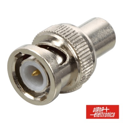Conector BNC metálico prateado com pino dourado e marca alpha elettronica