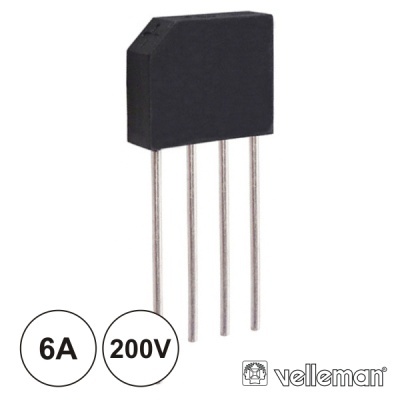 Componente eletrónico preto com quatro pinos metálicos e texto 6A 200V