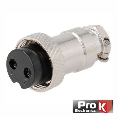Conector circular metálico prateado com dois orifícios pretos e logótipo Pro K Electronics
