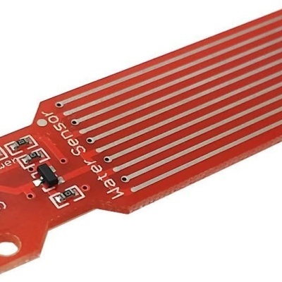 sensor de nível de água vermelho com pinos metálicos e texto branco