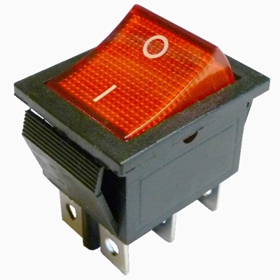 Interruptor de alavanca preto com botão laranja e símbolos 'I' e 'O'