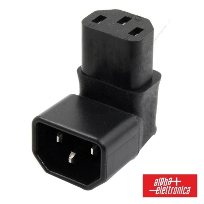 Adaptador elétrico em ângulo preto com três pinos e logo alpha elettronica