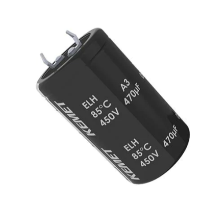 Condensador eletrolítico preto com terminais metálicos