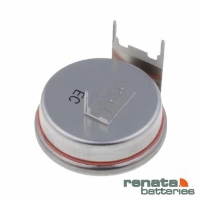 Bateria Renata redonda metálica com suporte e marca visível