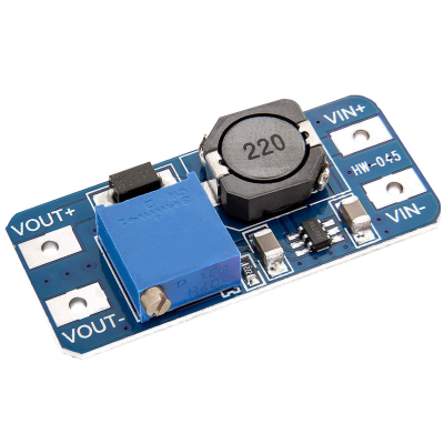 Placa eletrónica azul com componentes como potenciômetro, indutor e etiquetas VOUT+, VOUT-, VIN+, VIN-, HW-045