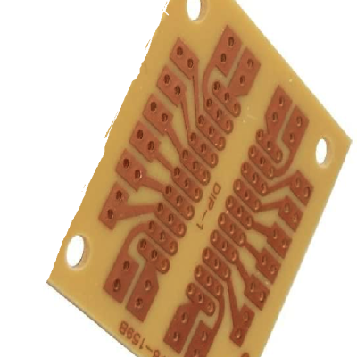 Placa de circuito impresso amarela com pistas cobre e furos