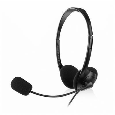 Auricular preto com microfone em fundo branco