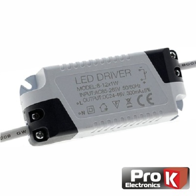 Driver LED branco e preto com especificações técnicas impressas