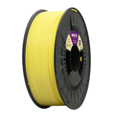 Carretel preto com fio amarelo para impressão 3D e etiqueta com informações técnicas