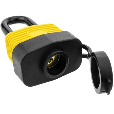 Cadeado amarelo e preto com tampa protetora