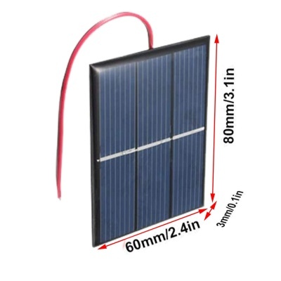 Painel solar retangular azul com fios e dimensões indicadas