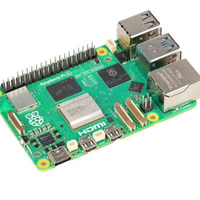 Placa electrónica Raspberry Pi 4 verde com chips e portas USB e HDMI