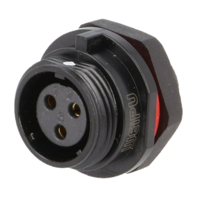 Conector circular preto com três pinos metálicos e rosca exterior
