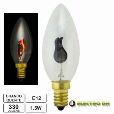 Lâmpada em formato vela com base metálica dourada e vidro transparente, texto técnico e logotipo visíveis