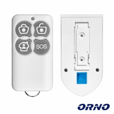 Comando remoto branco com quatro botões e suporte de parede com logótipo ORNO