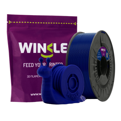 Filamento para impressora 3D azul da marca Winkle com embalagem roxa e caracol impresso em 3D