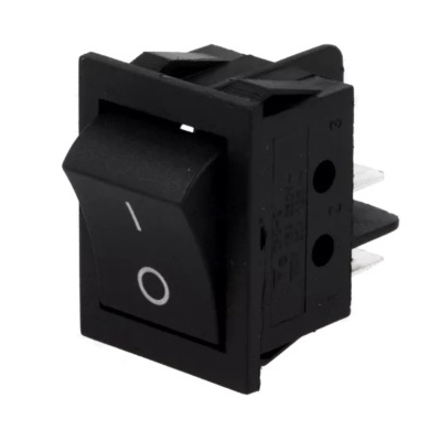 Interruptor de tecla negro con símbolos en blanco y terminales metálicos