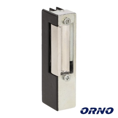 Fecho elétrico metálico e preto com logótipo ORNO