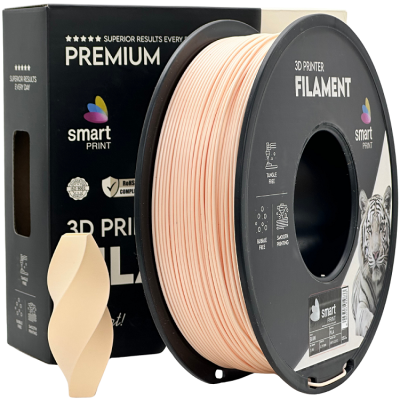 Rolo de filamento 3D Smart Print bege com embalagem preta e peça impressa cor bege
