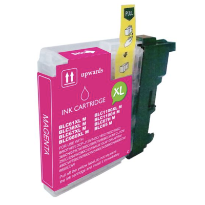 Cartucho de tinta magenta XL com etiqueta rosa e packaging transparente.