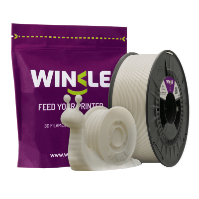 Rolo de filamento branco para impressora 3D com embalagem violeta e miniatura de caracol 3D impressa