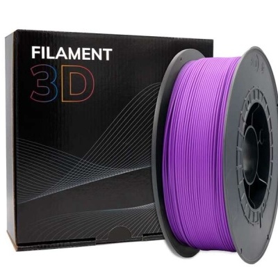 Rolo de filamento 3D roxo ao lado de caixa preta com texto FILAMENT 3D