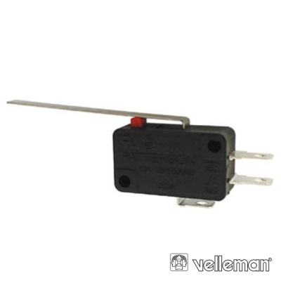 Interruptor micro switch preto com alavanca metálica e botão vermelho