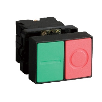 Interruptor elétrico com teclas verde e vermelha em suporte preto