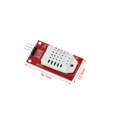 Sensor eletrônico vermelho e branco com três pinos e dimensões marcadas