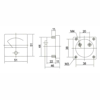 Desenho técnico de componente quadrado com mostrador e dimensões.