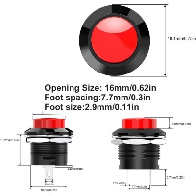 Botão redondo vermelho com moldura preta e dimensões técnicas