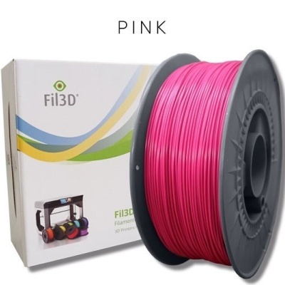 Rolo de filamento rosa para impressora 3D da marca Fil3D com embalagem branca