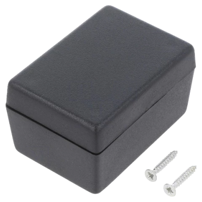 Caixa preta pequena com dois parafusos prateados