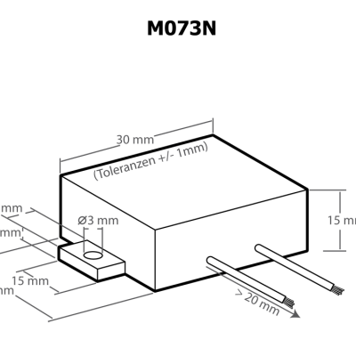 Componente eletrónico branco com dimensões específicas e fios, esquema técnico com fundo preto