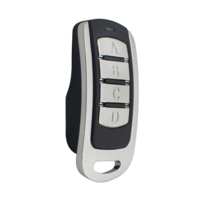 Comando remoto preto e prateado com botões A, B, C, D