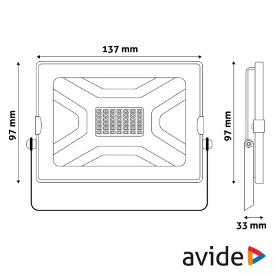 Desenho técnico de projetor LED retangular com medidas e logo avide