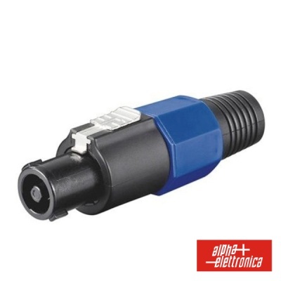 Conector Speakon azul e preto com clipe metálico em fundo branco