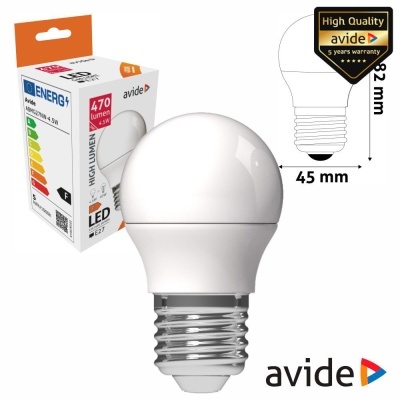 Lâmpada LED branca Avide com embalagem e dimensões visíveis