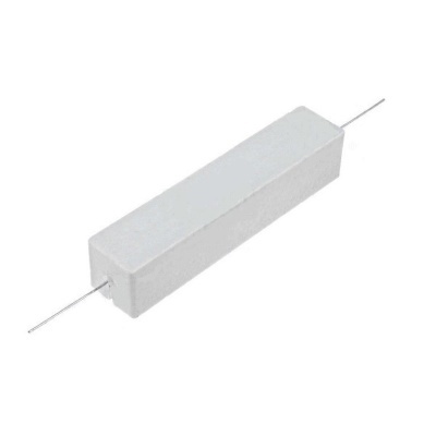 Resistor cerâmico retangular branco com terminais metálicos