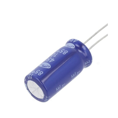 Capacitor eletrolítico azul com terminais e texto branco