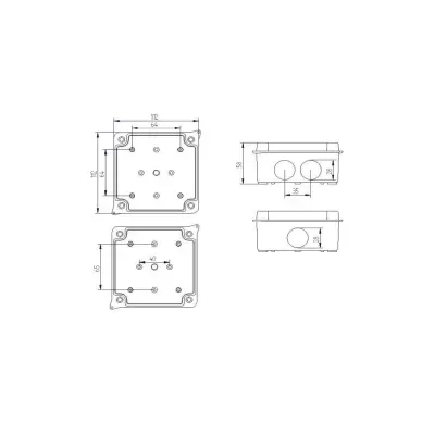 Desenho técnico de caixa elétrica com dimensões e orifícios