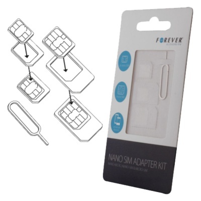 Kit adaptador para cartões Nano SIM da marca FOREVER com adaptadores brancos e ferramenta metálica