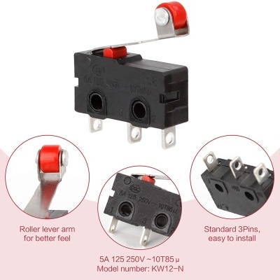 Microswitch preto com alavanca vermelha e três pinos para eletrónica