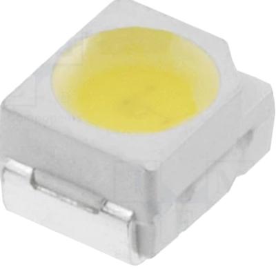 Componente LED SMD branco com topo amarelo e contatos metálicos prateados