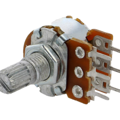 Potenciómetro branco e prateado com três terminais de metal