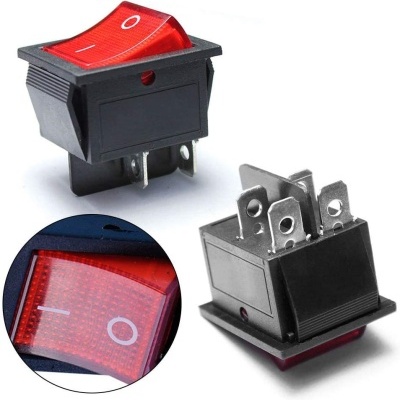 Interruptor basculante vermelho e preto com símbolos I e O