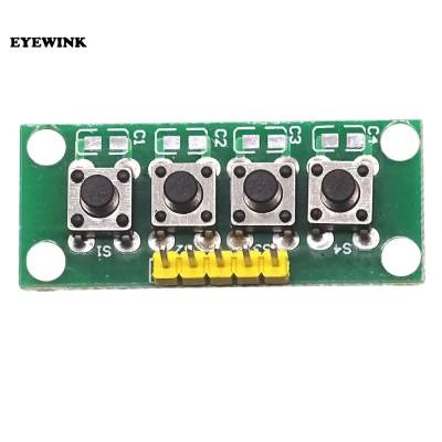 Placa eletrónica com quatro botões push preto e conectores amarelos