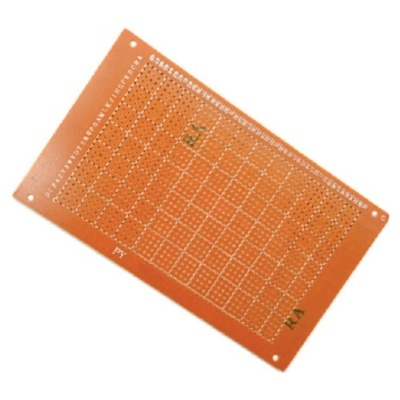 Placa de circuito impresso de matriz protoboard laranja com pontos metálicos e texto PY e XA